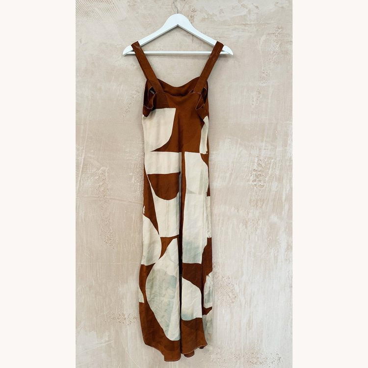 Caroline Dickinson Hand Printed Brown Shapes Silk Slip Dress