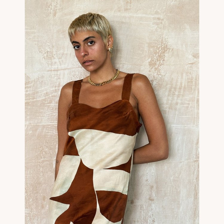 Caroline Dickinson Hand Printed Brown Shapes Silk Slip Dress