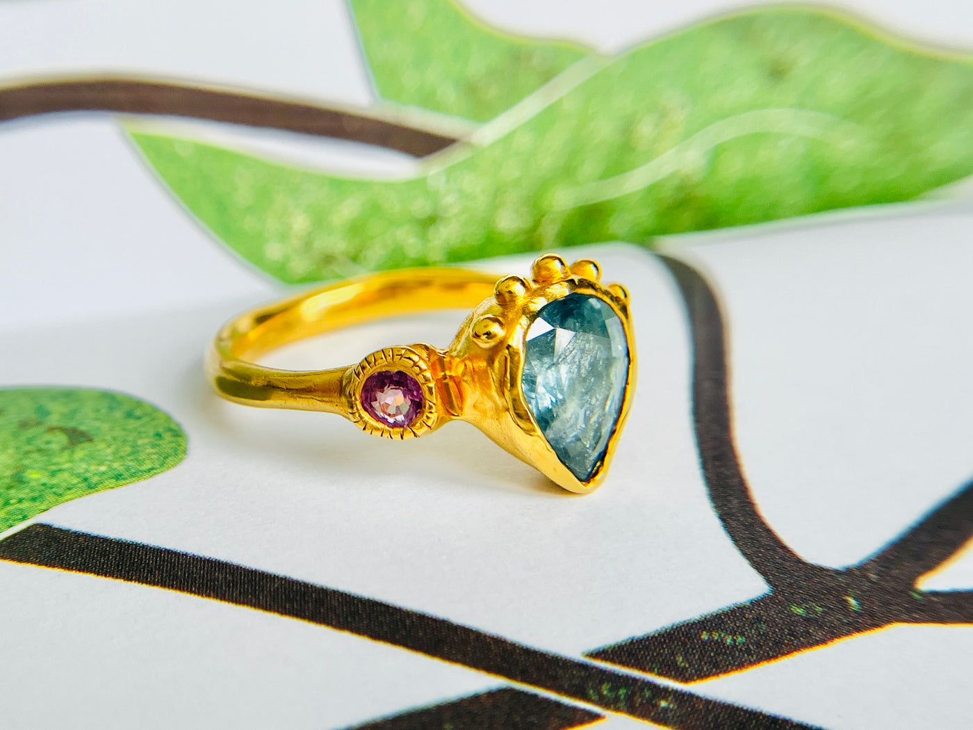 Sharlala Jewellery Curious Pear, Pink & Blue Sapphire Ring Gold Vermeil