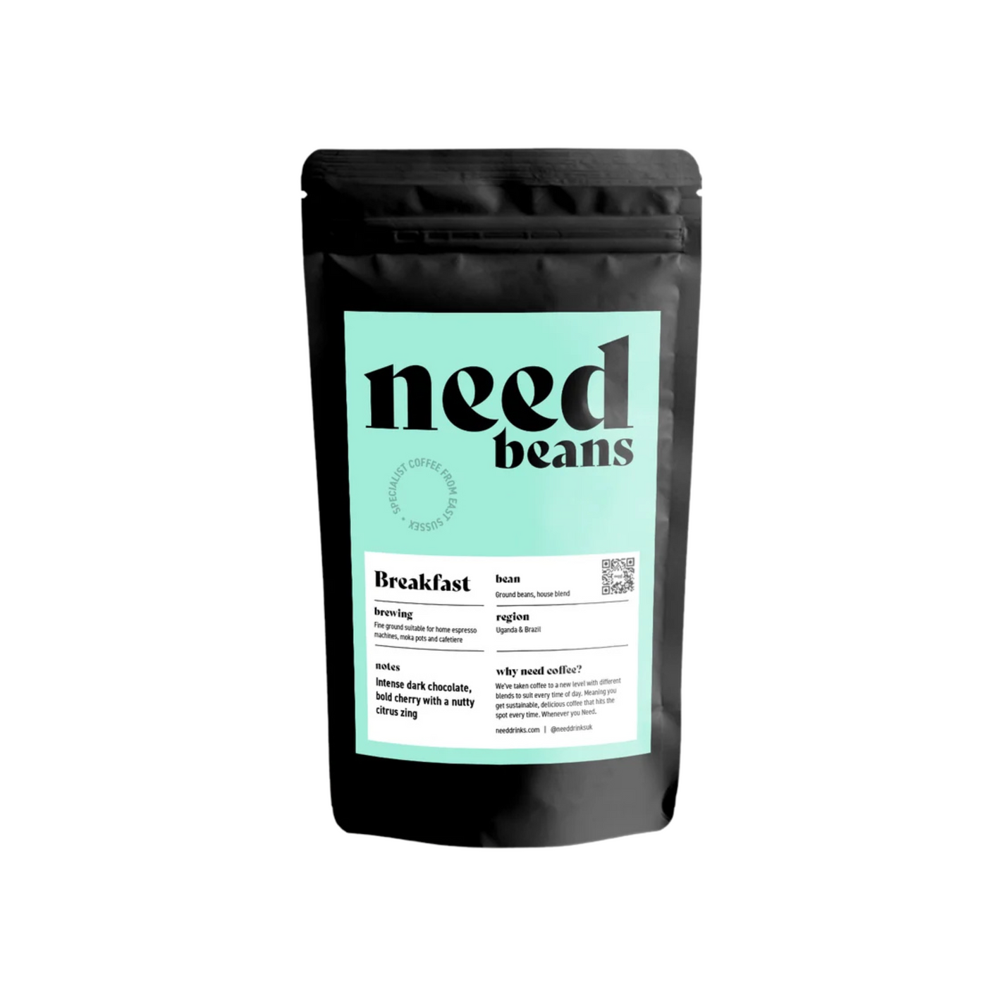 Black coffee bag with 'need beans' label on a white background