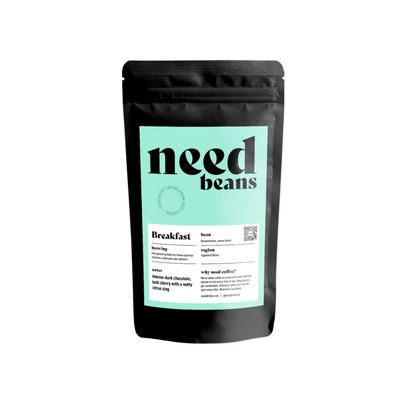 Black coffee bag with 'need beans' label on a white background