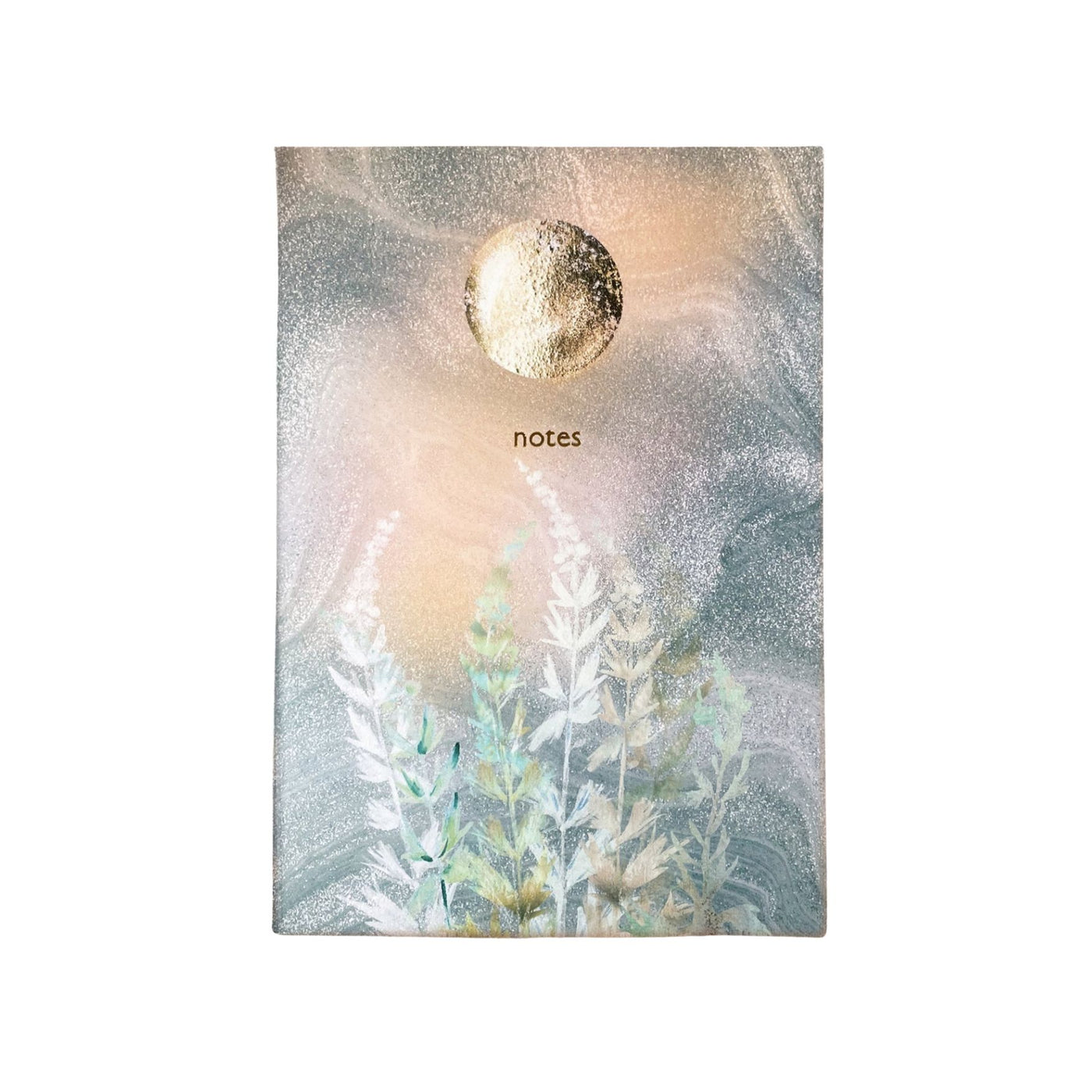 Notebook with a decorative cover featuring a moon and plant design on a white background