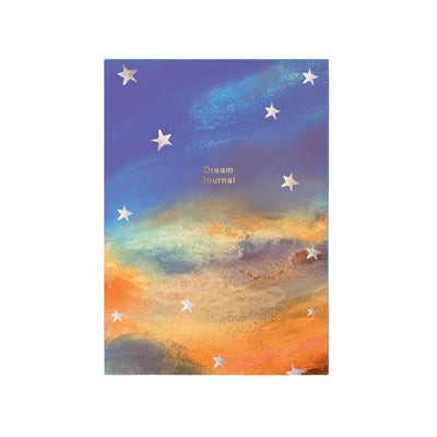 Dream journal with a colorful sky design and star illustrations on a white background