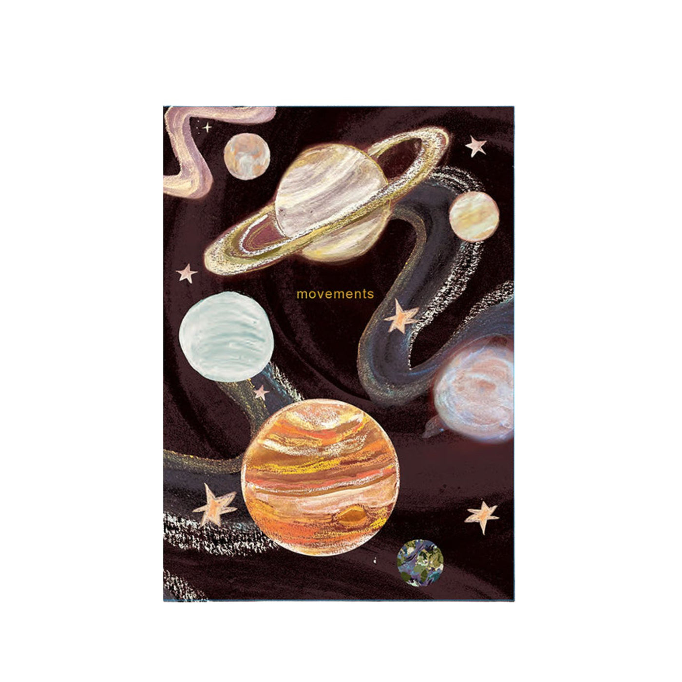 Notebook cover with space-themed design featuring planets and stars on a dark background.