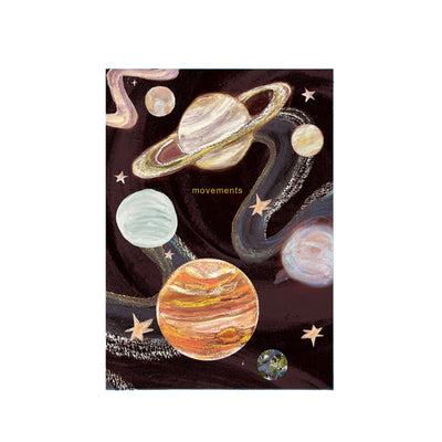 Notebook cover with space-themed design featuring planets and stars on a dark background.