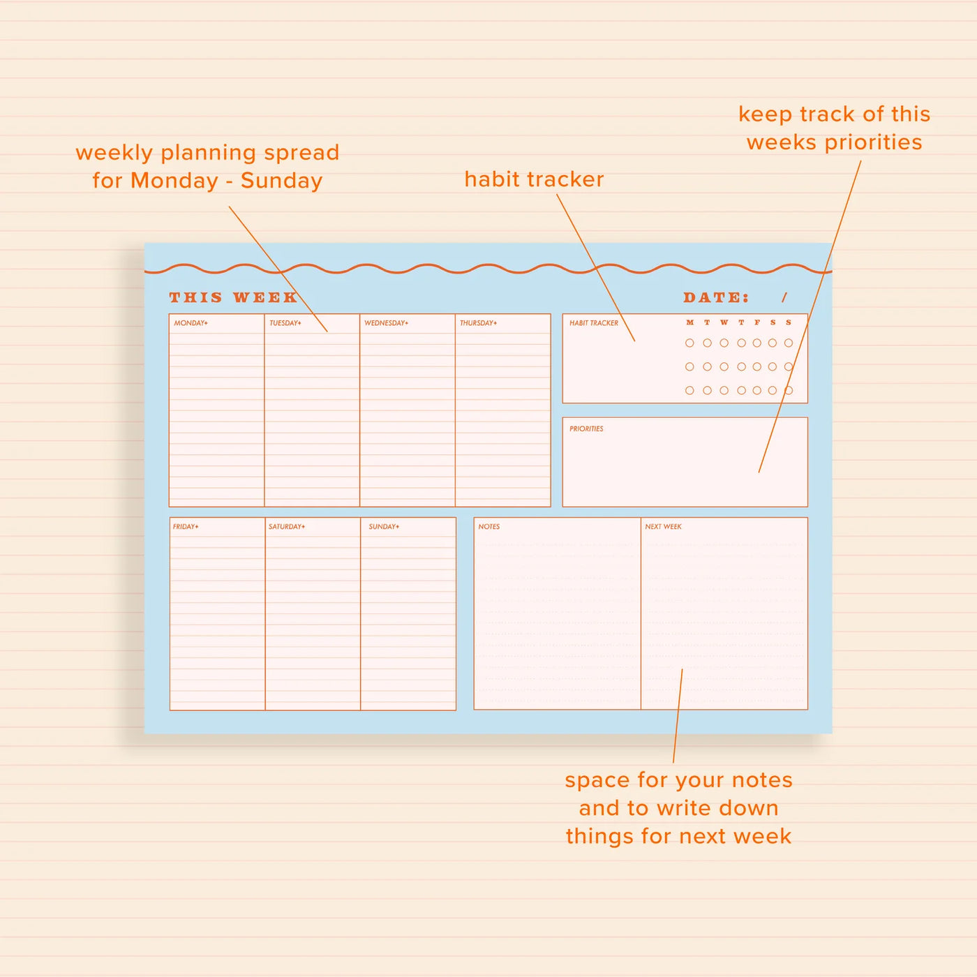Lately Studio A4 Blue Wiggle Weekly Planner Pad with Habit Tracker - Radical Giving