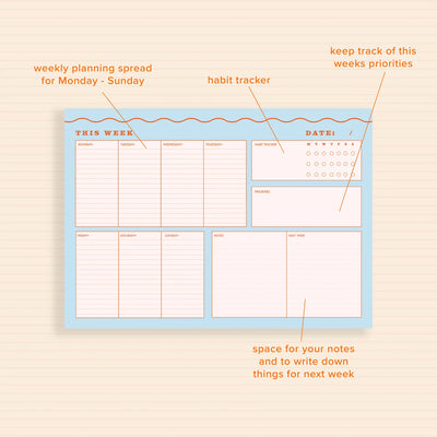 Lately Studio A4 Blue Wiggle Weekly Planner Pad with Habit Tracker - Radical Giving