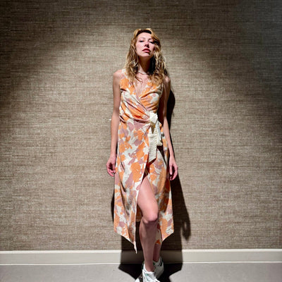 Orange & Beige Floral Silhouette Wrap Around Dress - Radical Living