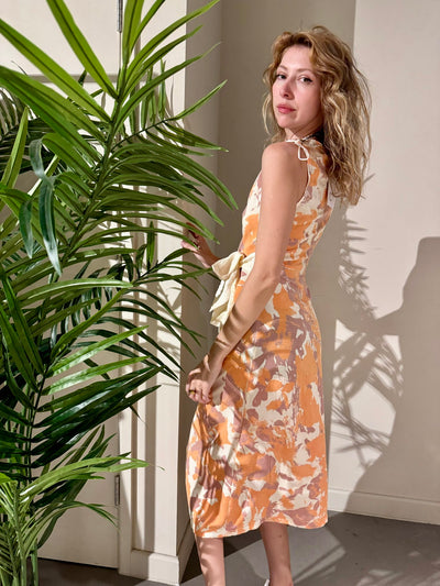 Orange & Beige Floral Silhouette Wrap Around Dress - Radical Living