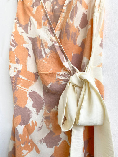 Orange & Beige Floral Silhouette Wrap Around Dress - Radical Living