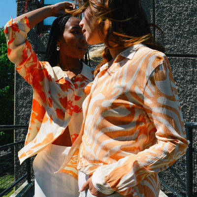 Again & Again Orange Screen Printed Silk Shirt - Radical Living 