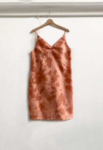 Again & Again Coral Pink Floral Screen Printed Linen Mini Dress