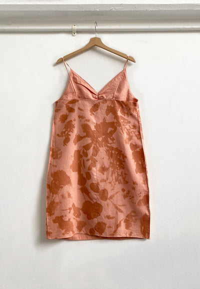 Again & Again Coral Pink Floral Screen Printed Linen Mini Dress