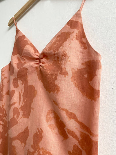 Again & Again Coral Pink Floral Screen Printed Linen Mini Dress