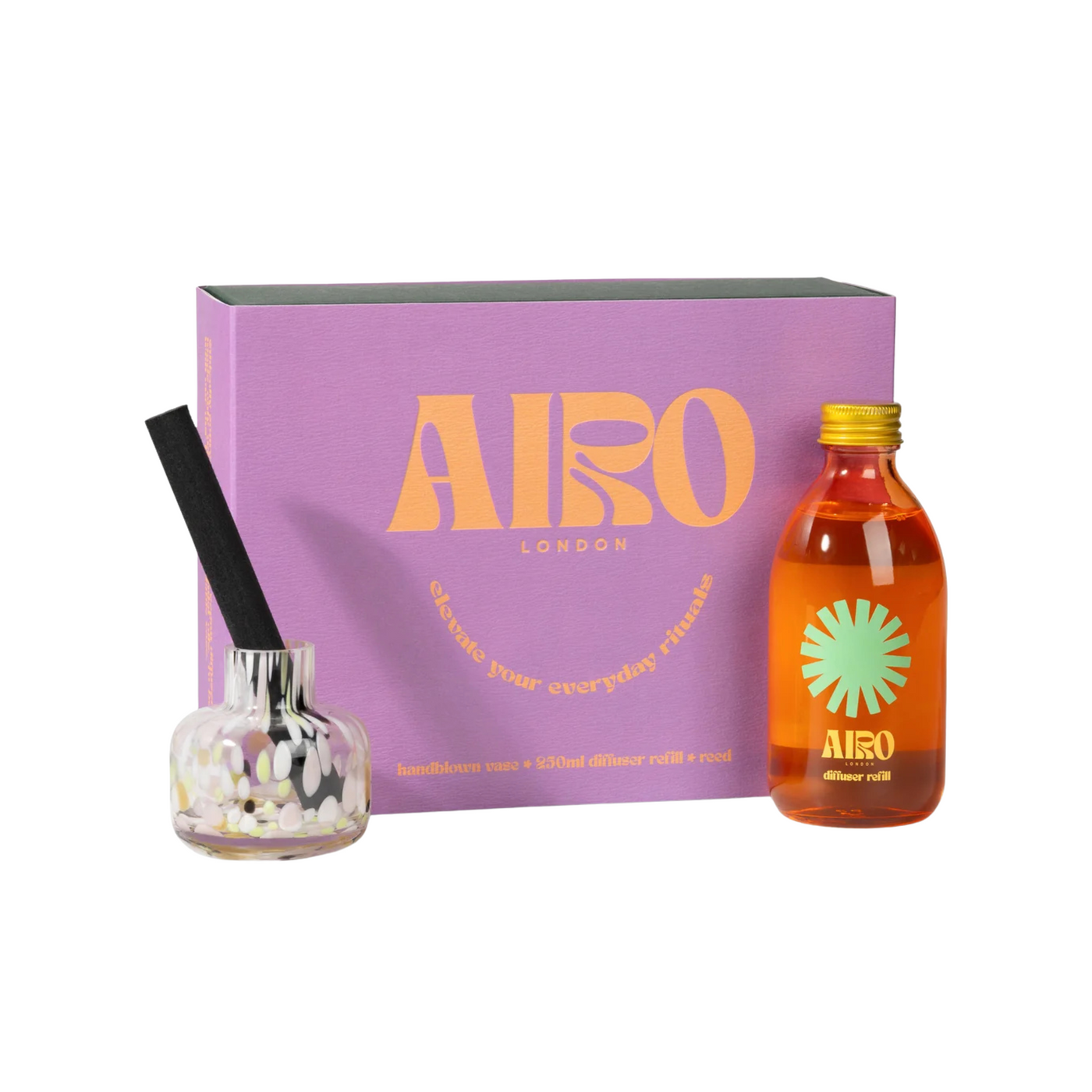Airo London diffuser set with a purple box, glass diffuser, and bottle on a white background