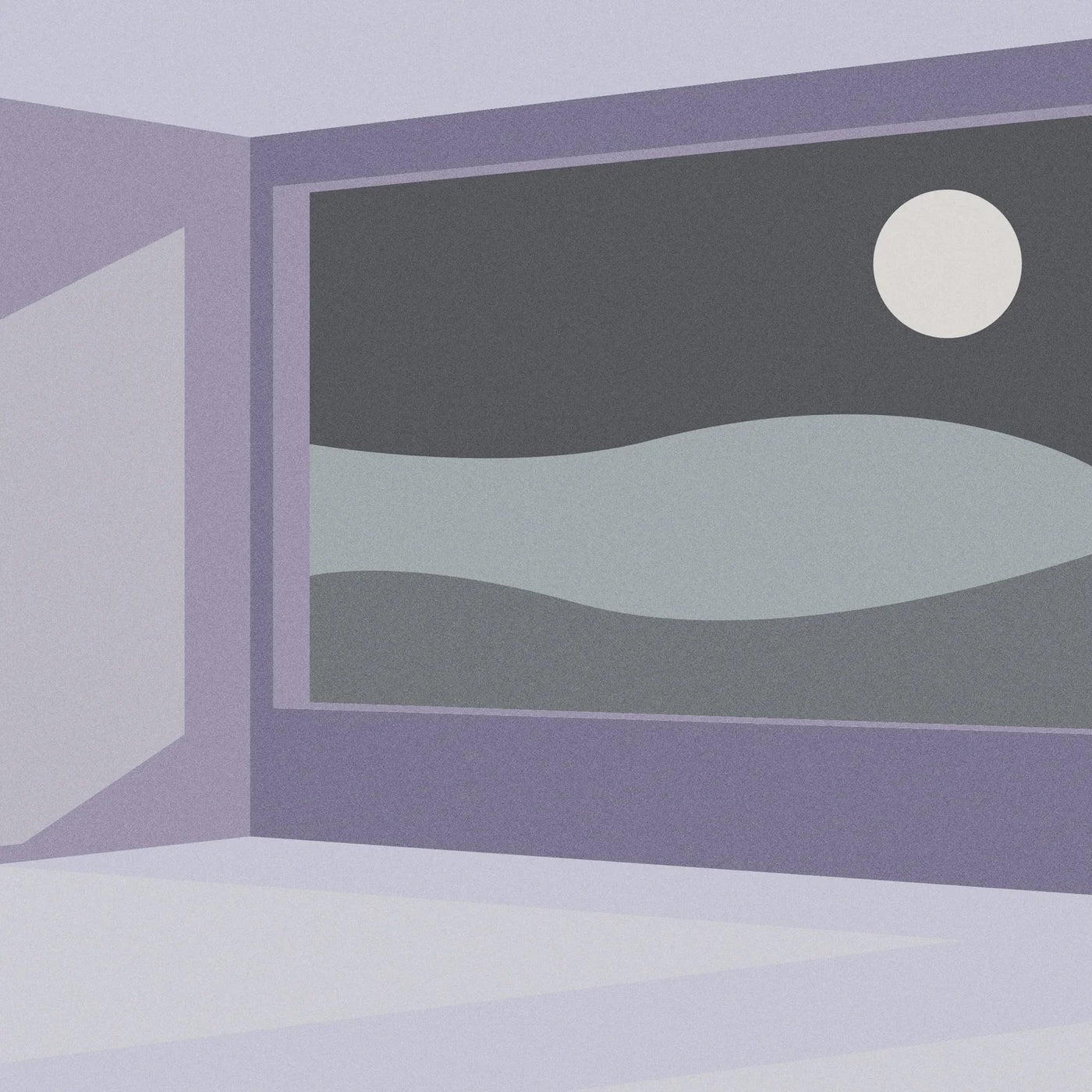 Surreal landscape with a window showing a moonlit night scene.