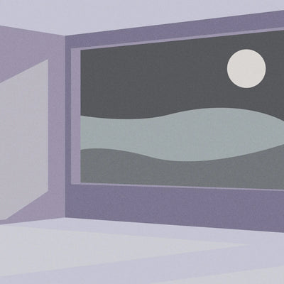 Surreal landscape with a window showing a moonlit night scene.