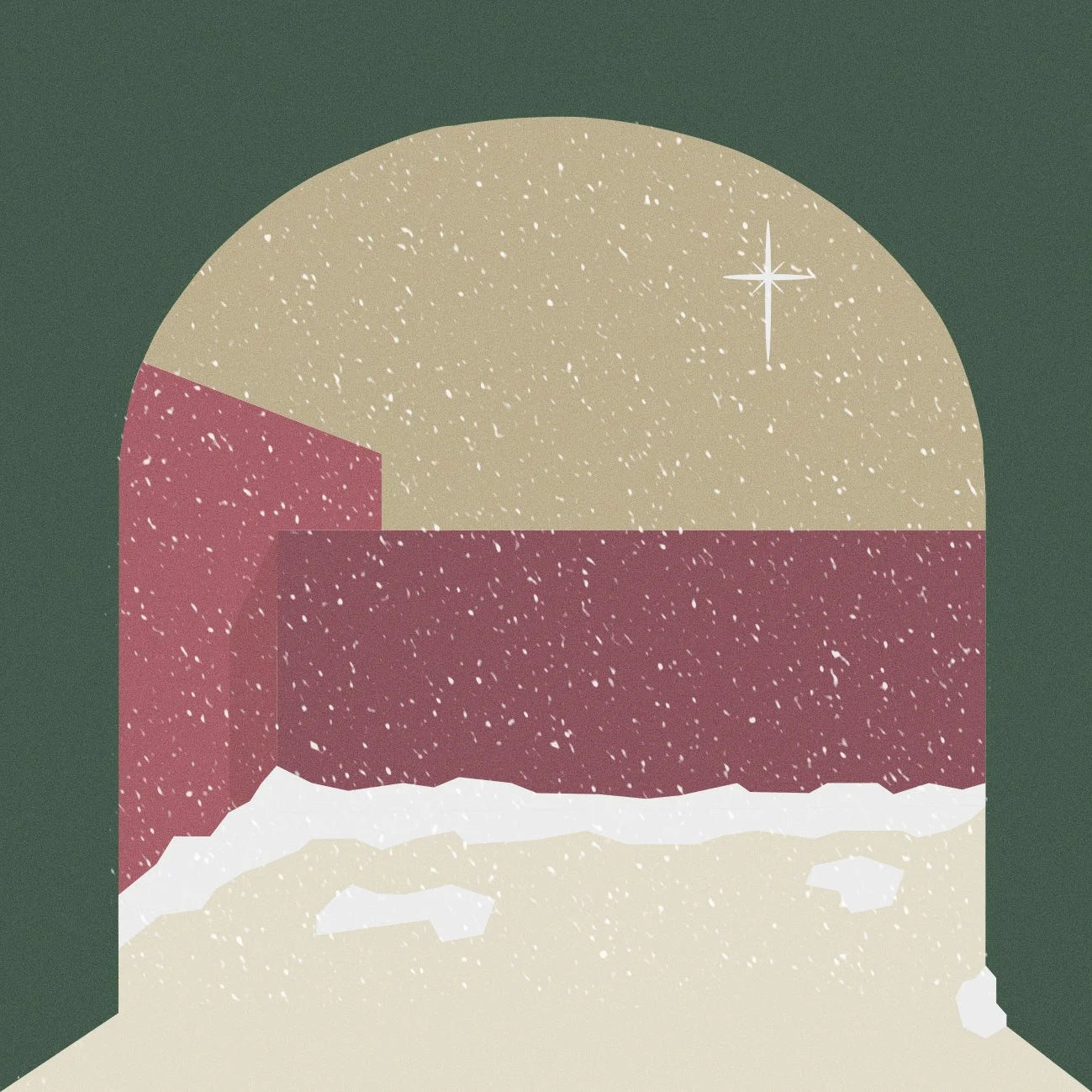 Illustration of a snowy landscape with a cross on a green background