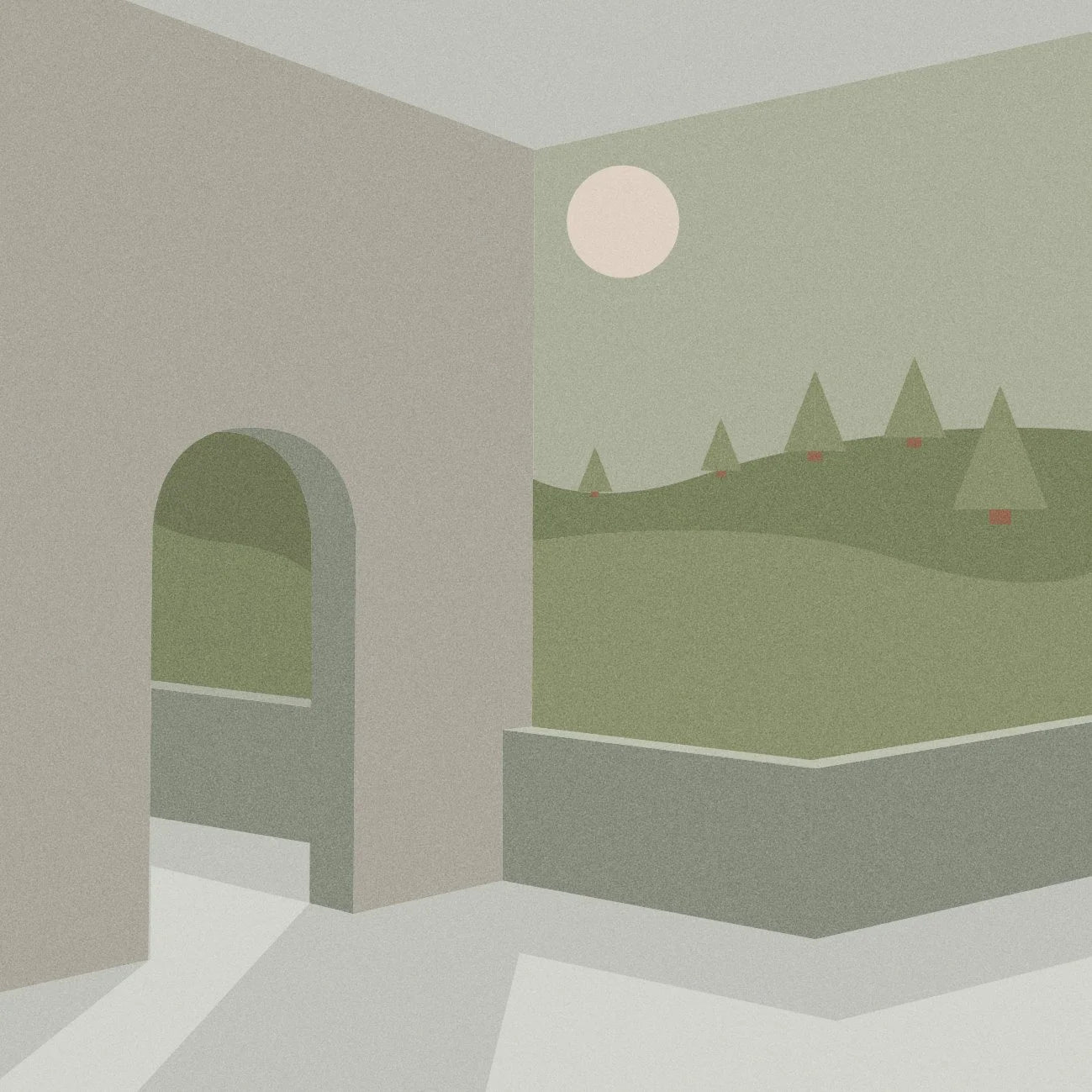 Surreal landscape with archway and forest view on a plain background