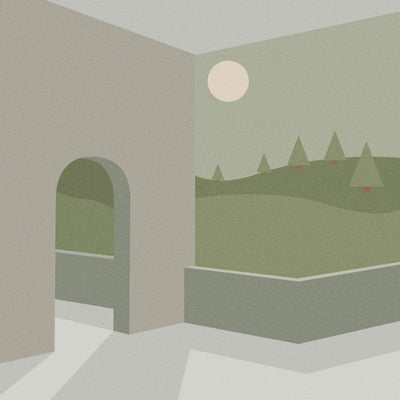 Surreal landscape with archway and forest view on a plain background