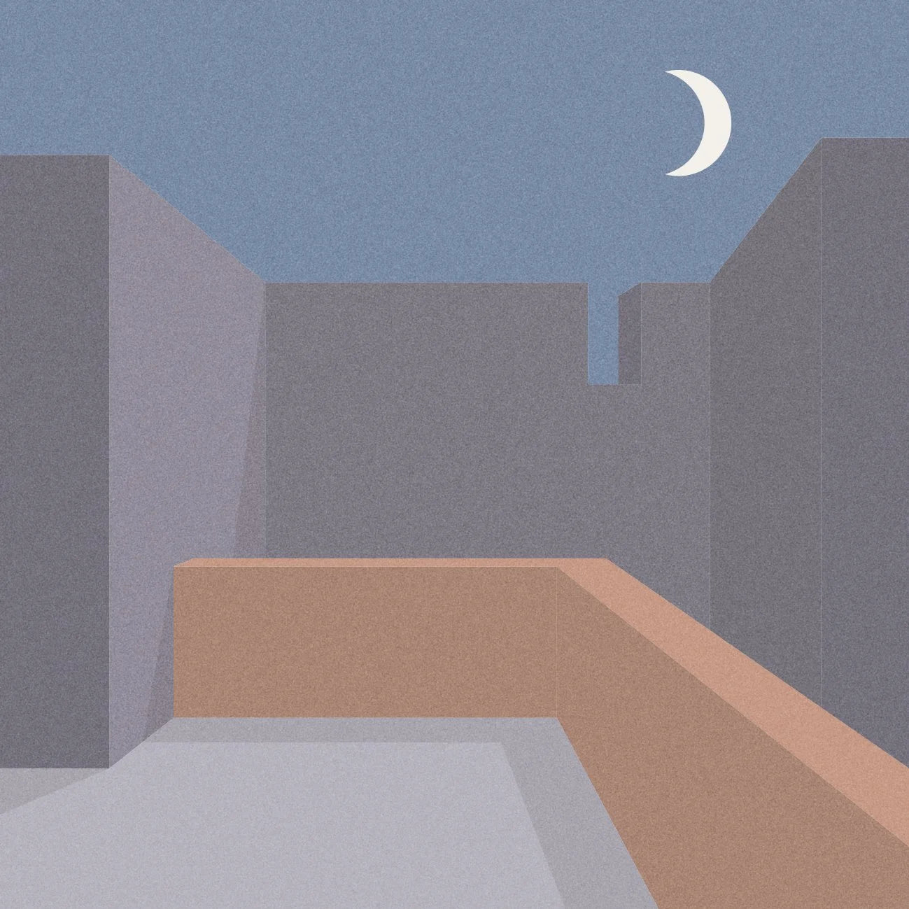 Abstract architectural scene with a crescent moon in a blue sky