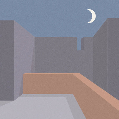 Abstract architectural scene with a crescent moon in a blue sky