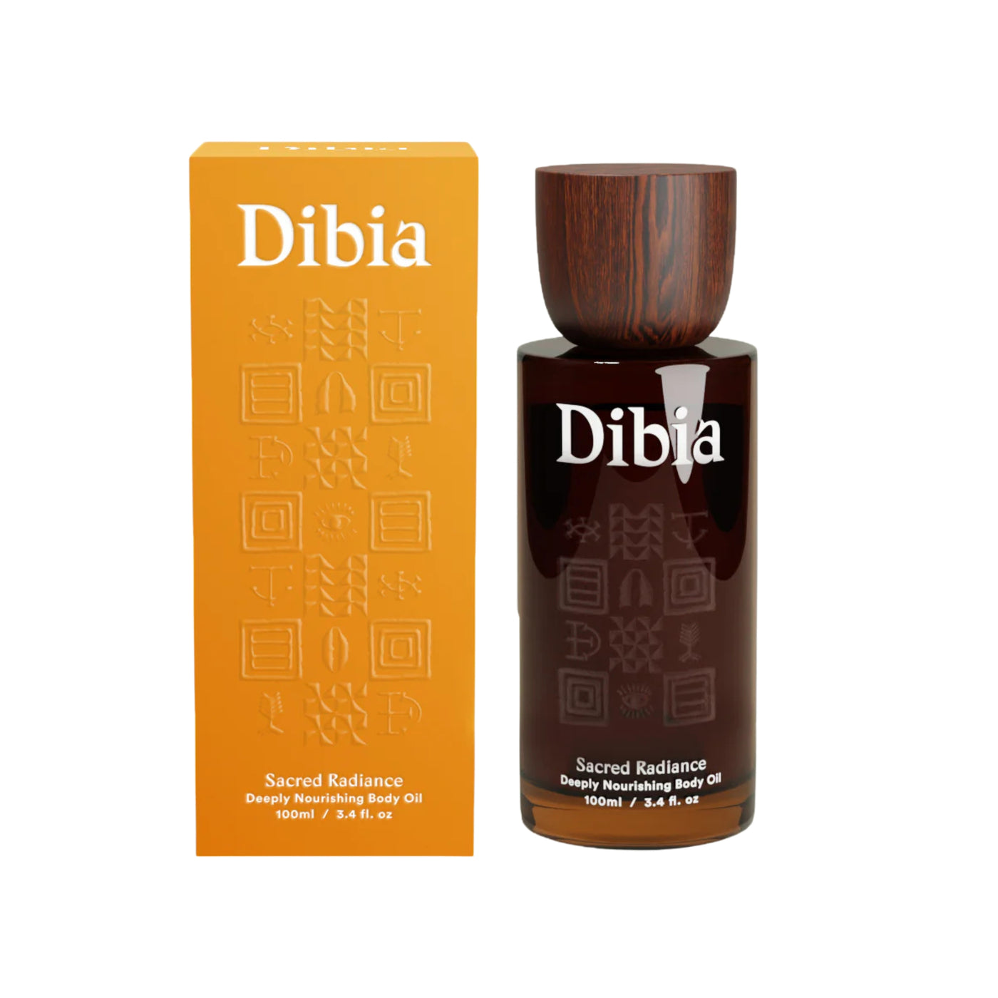 Dibia Sacred Radiance body oil bottle and packaging on a white background