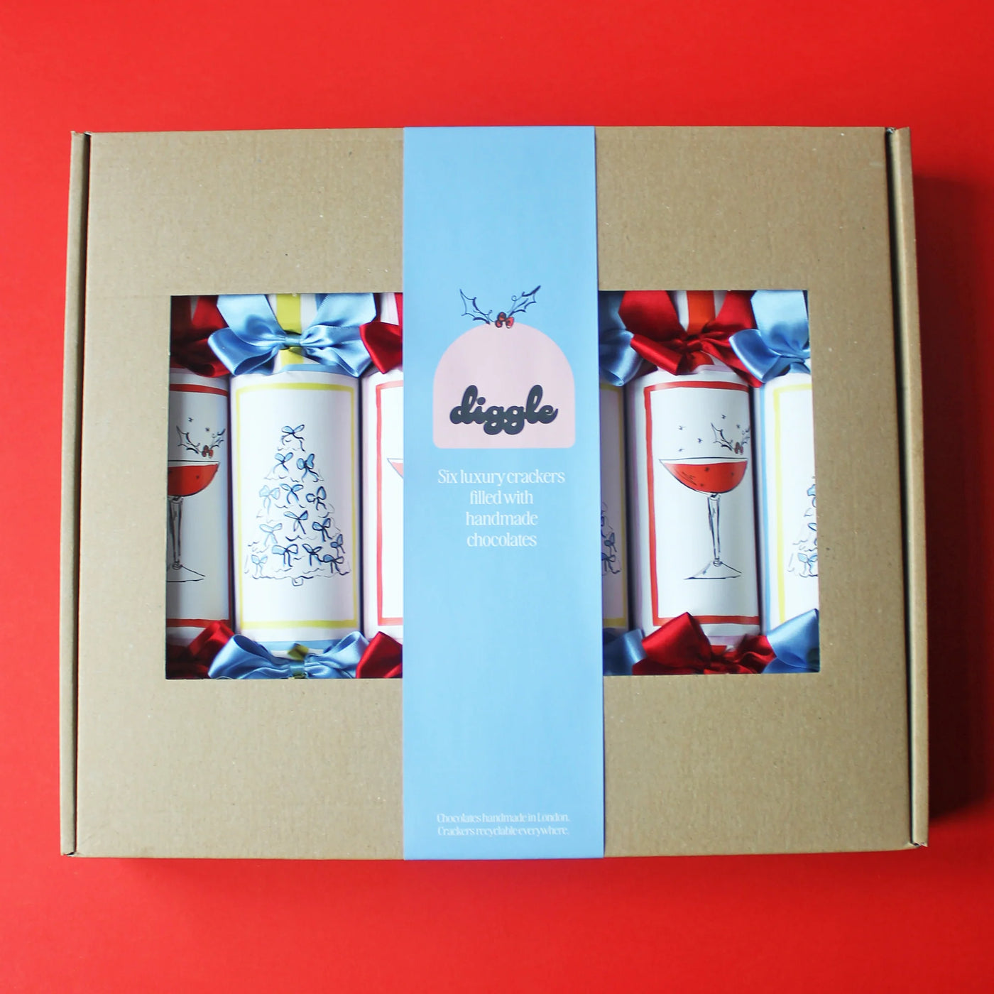 Gift box with 'digglo' branding on a red background
