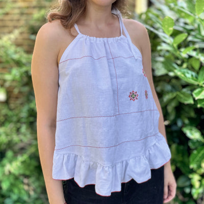 Frea Vintage Reworked Red Stripe Embroidered Halter Neck Top - Radical Living 