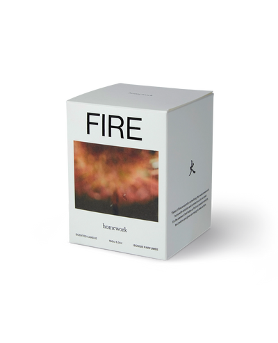 Box labeled 'FIRE' by homework on a white background