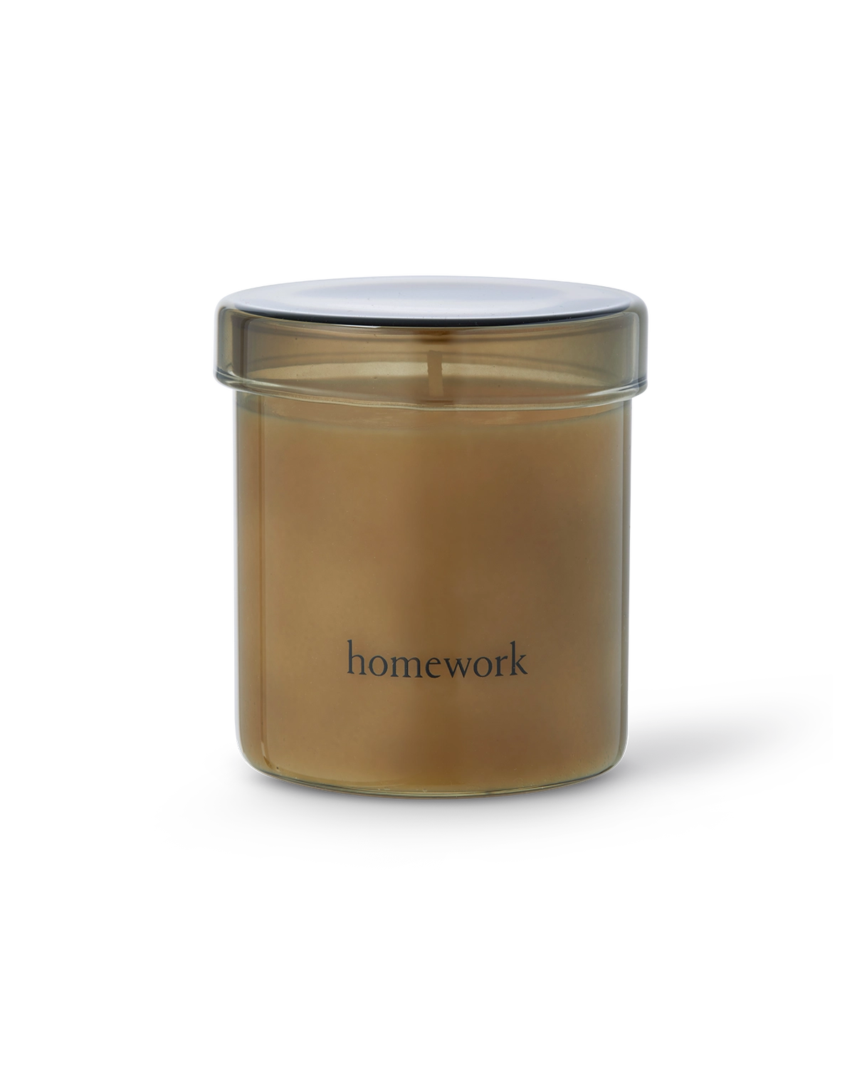 Gold-colored candle jar with 'homework' text on a white background