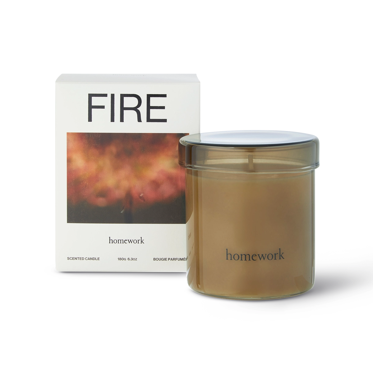 Homework candle with 'Fire' packaging on a white background