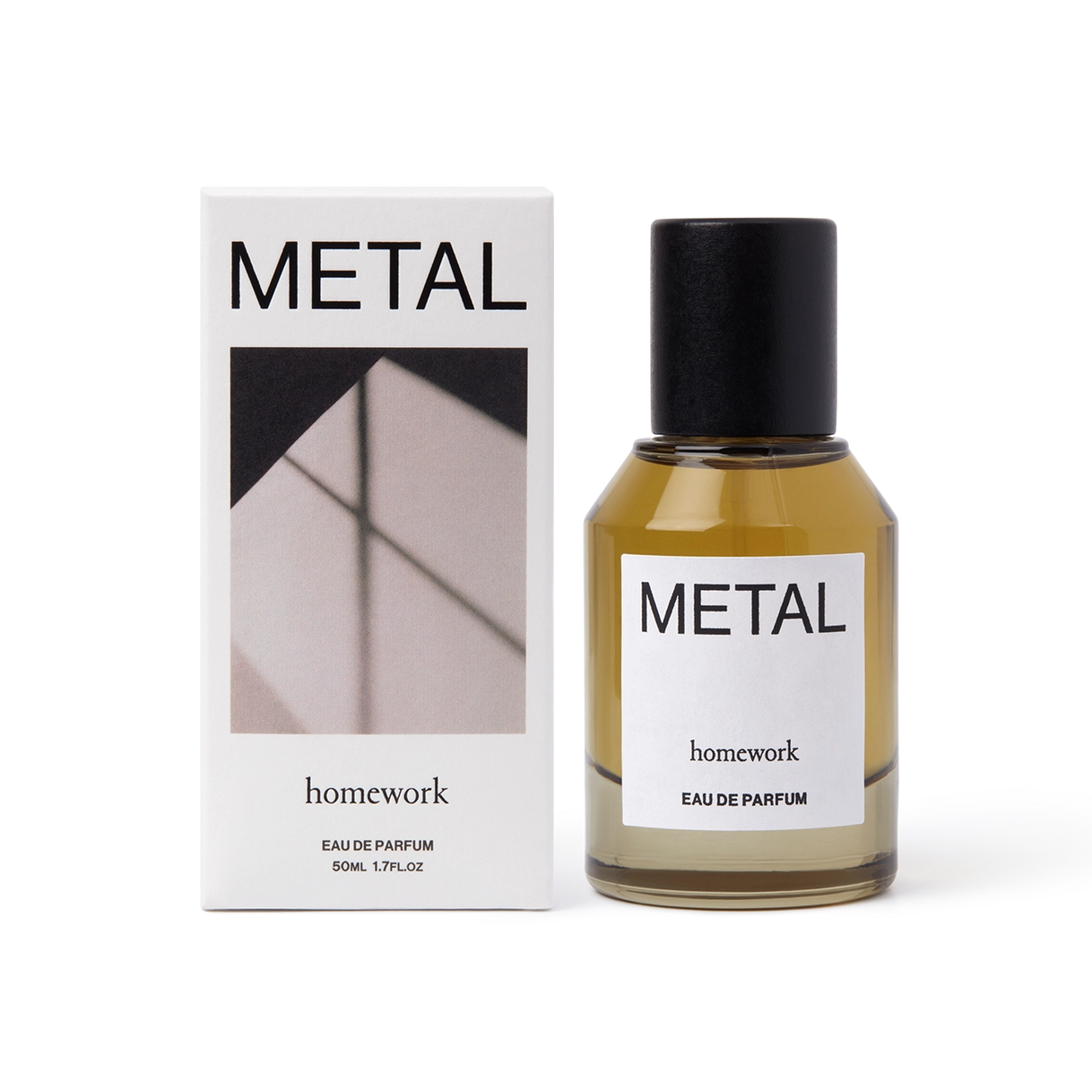 Perfume bottle and packaging labeled 'Metal' by 'homework' on a white background