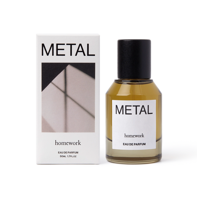 Perfume bottle and packaging labeled 'Metal' by 'homework' on a white background