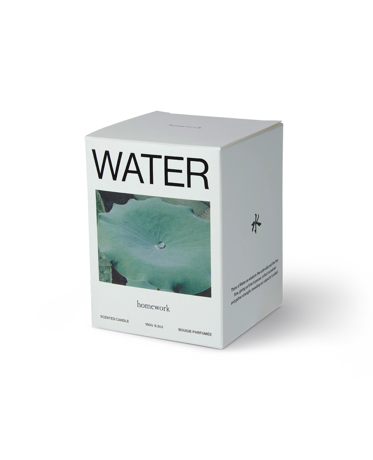 Box labeled 'WATER' with a green leaf design on a white background