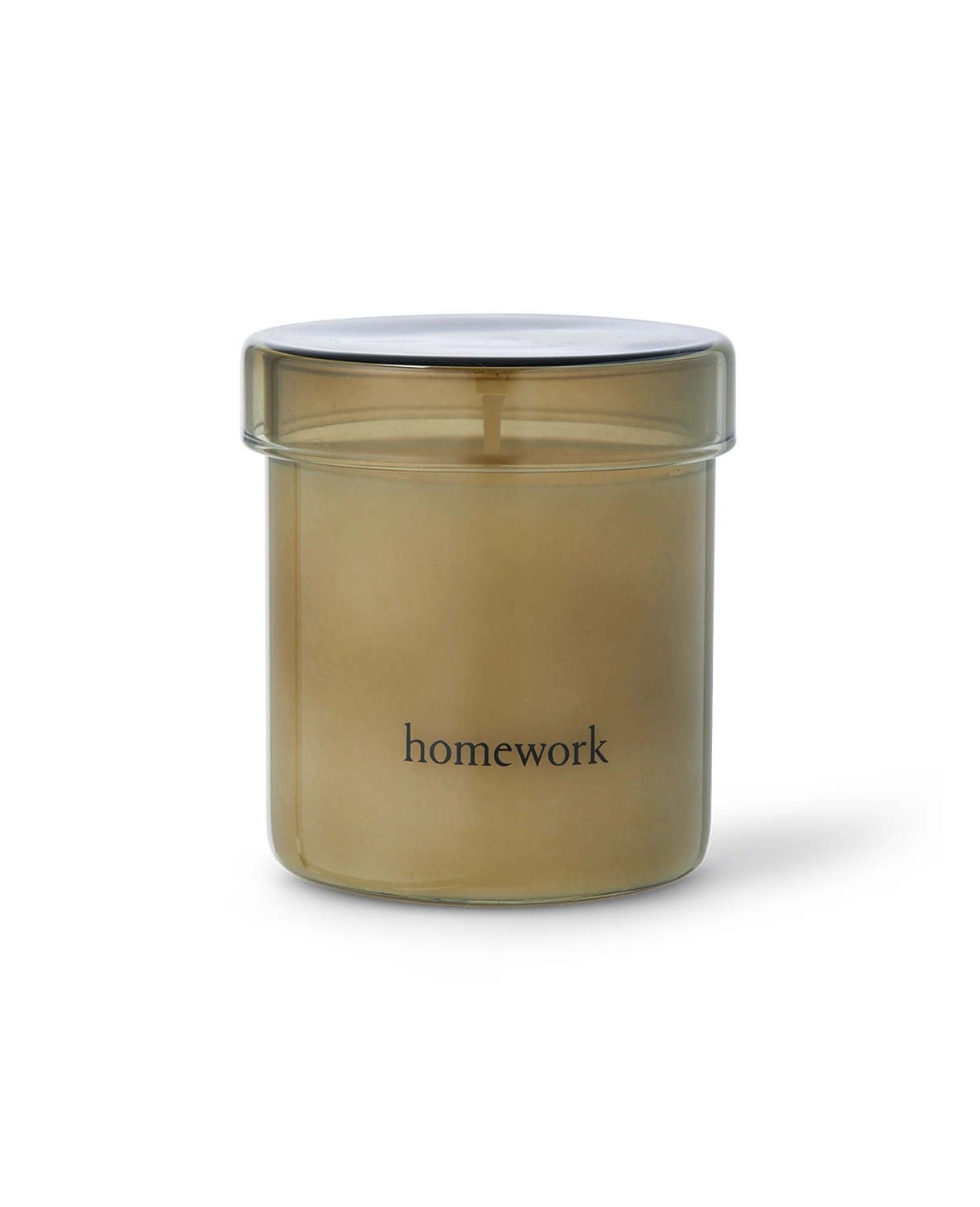 Beige jar with a white lid labeled 'homework' on a white background
