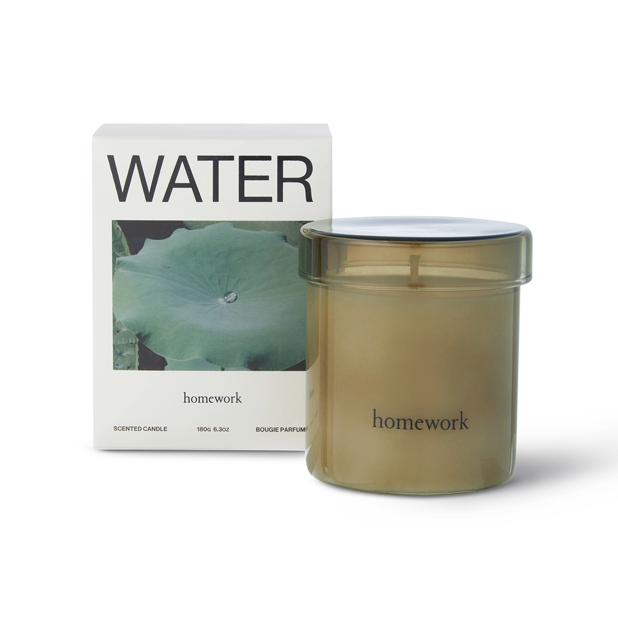Homework candle with packaging labeled 'Water' on a white background