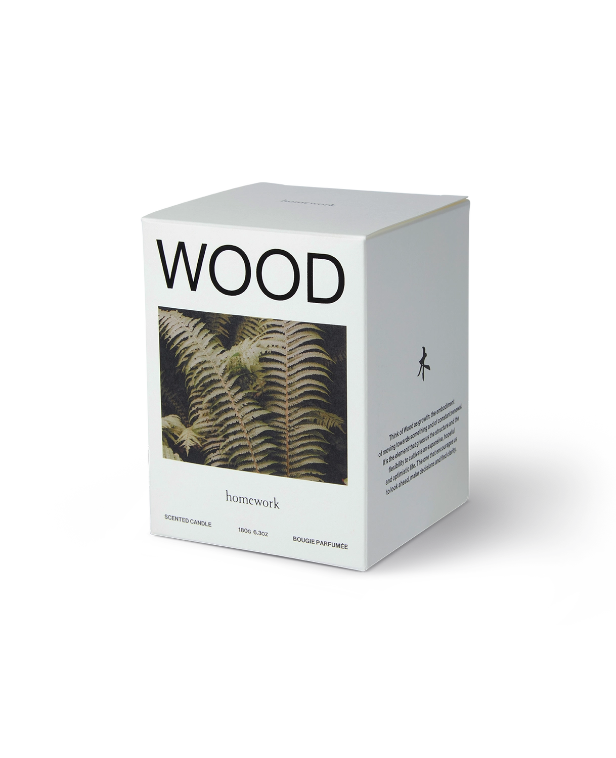 Box labeled 'WOOD' with a fern design on a white background