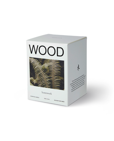 Box labeled 'WOOD' with a fern design on a white background