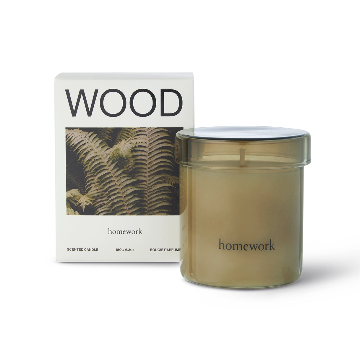 Candle labeled 'homework' with a packaging box featuring the word 'WOOD'.