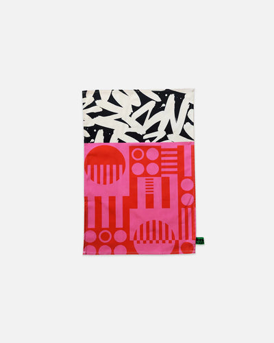Patterned tea towel with abstract design on a white background