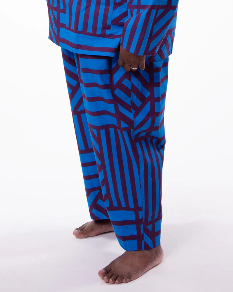 Blue and purple patterned pants on a white background