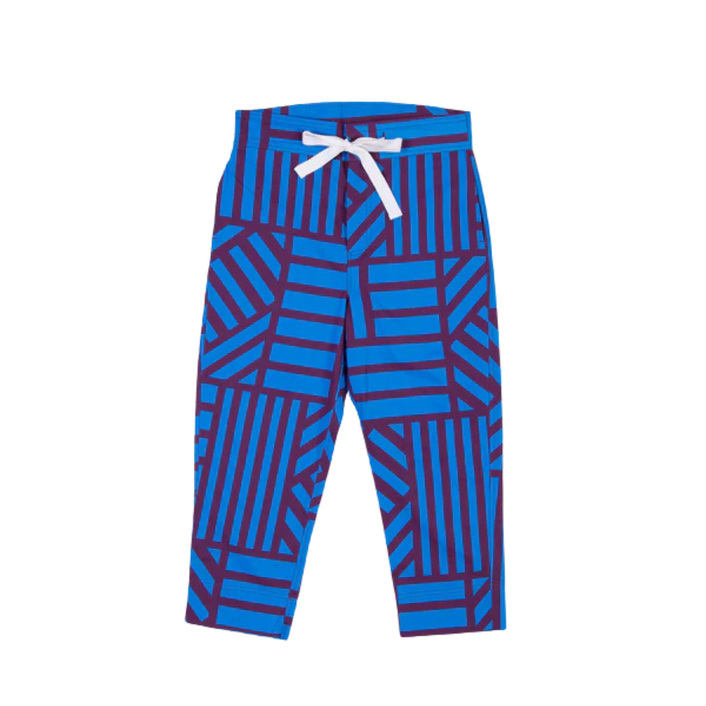 Blue geometric patterned pants with a white drawstring on a white background