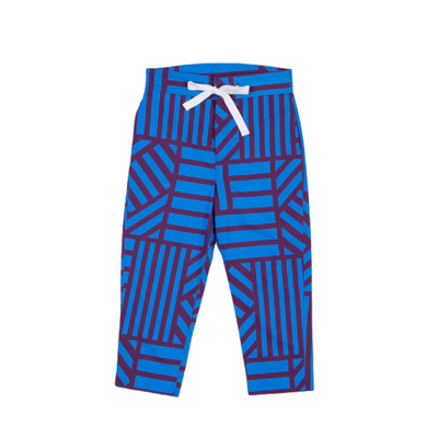 Blue geometric patterned pants with a white drawstring on a white background