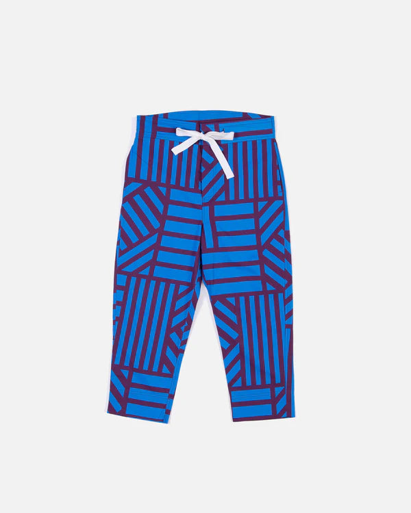 Blue geometric patterned pants with a white drawstring on a white background
