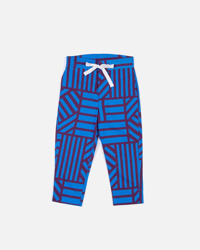 Blue geometric patterned pants with a white drawstring on a white background