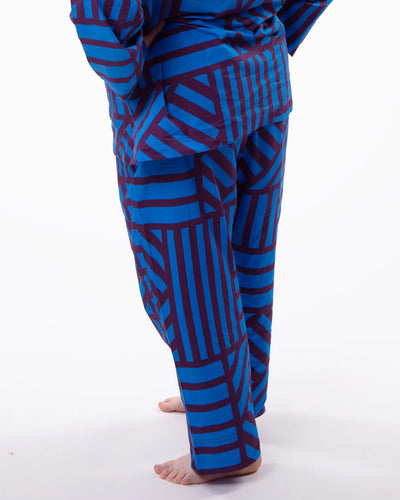 Blue and purple patterned pants on a white background