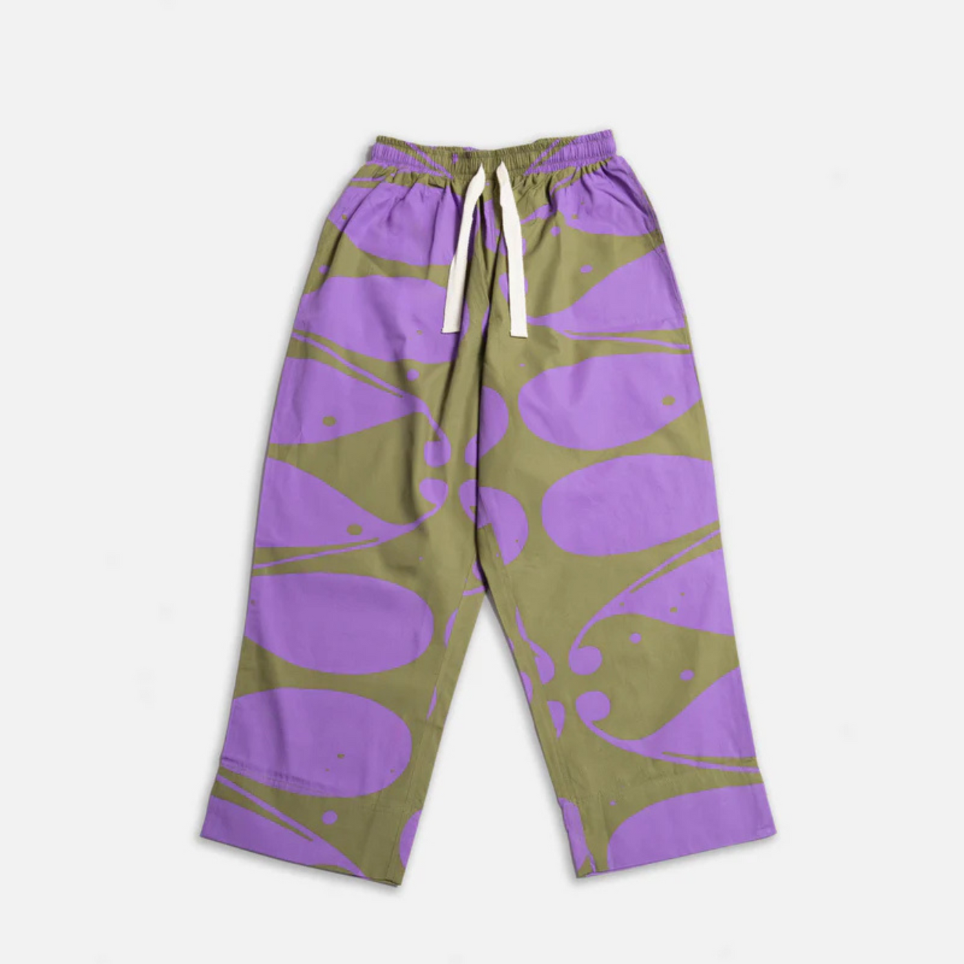 Purple and green patterned pants with a drawstring on a white background