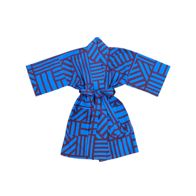 Blue geometric patterned robe on a white background