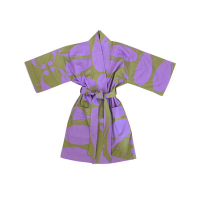 Purple and green robe with abstract pattern on a white background